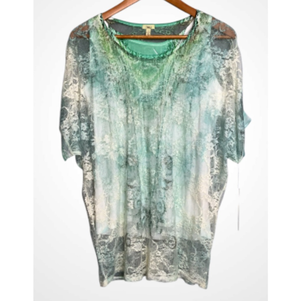 Reba Green and White Lace Overlay Stretch Knit Blouse Tunic Small NWT